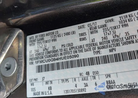 2017 Ford Escape Se из США, поврежденный, VIN 1FMCU0G94HUE05090